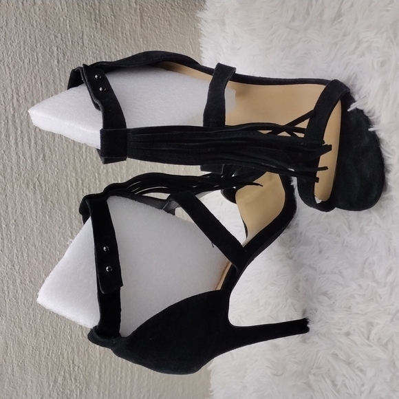 JOE'S Black Fringe Suede Leather Open Toe Ankle T-Strap Stiletto Boho Style Shoe - Picture 1 of 16